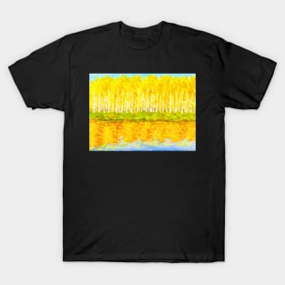 Autumn landscape -yellow birch forest with reflection T-Shirt